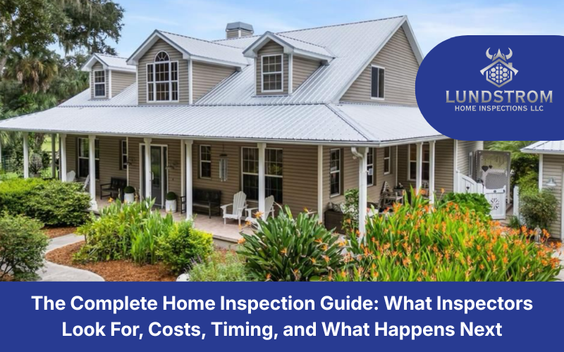 Exterior view of a professional home inspection guide featuring a large tan residential house with a gray metal roof, wrap-around porch, and lush tropical landscaping, branded for Lundstrom Home Inspections LLC.