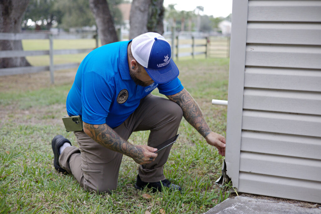 Scott Lundstrom of Lundstrom Home Inspection kneeling to examine vinyl siding and home foundation for damage or pests.