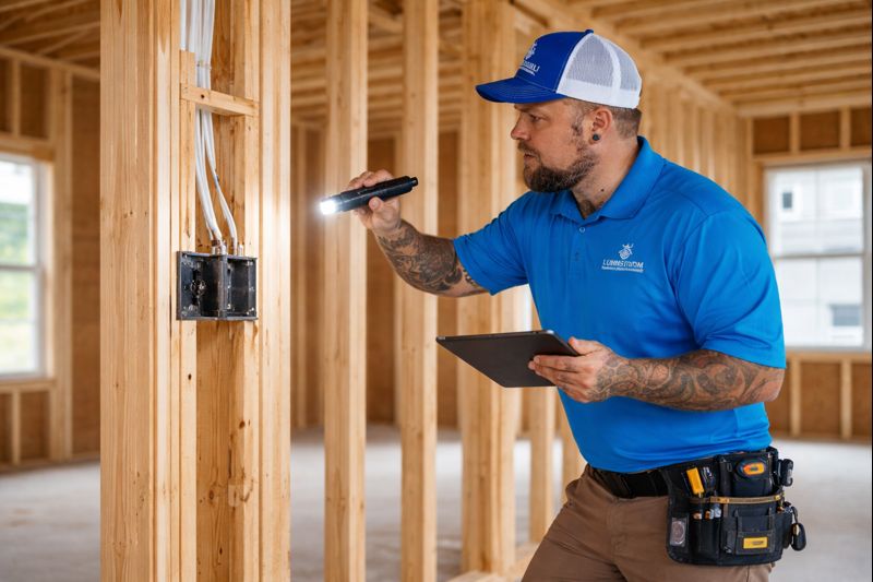 New construction inspection by Lundstrom Home Inspections checking electrical wiring before drywall installation